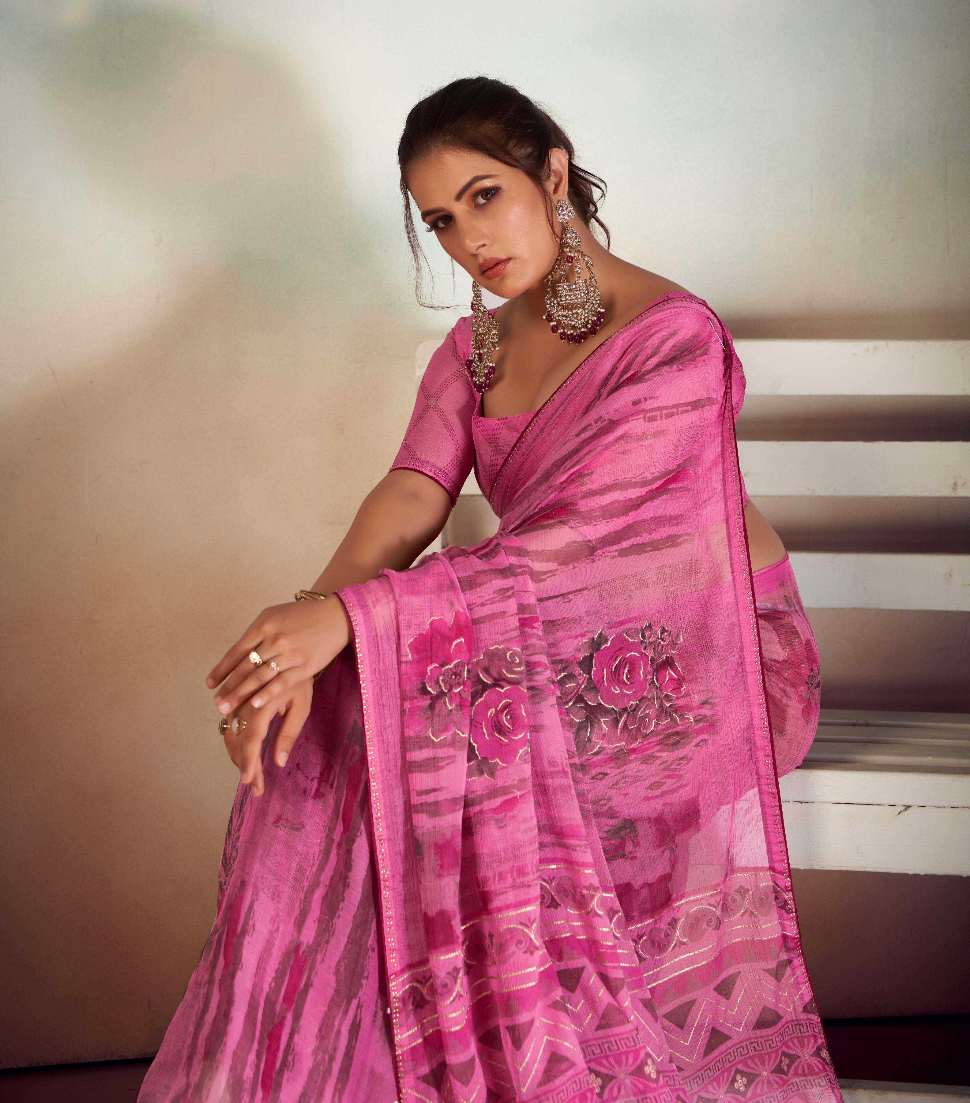 Baby Pink Chiffon Foil Print Saree