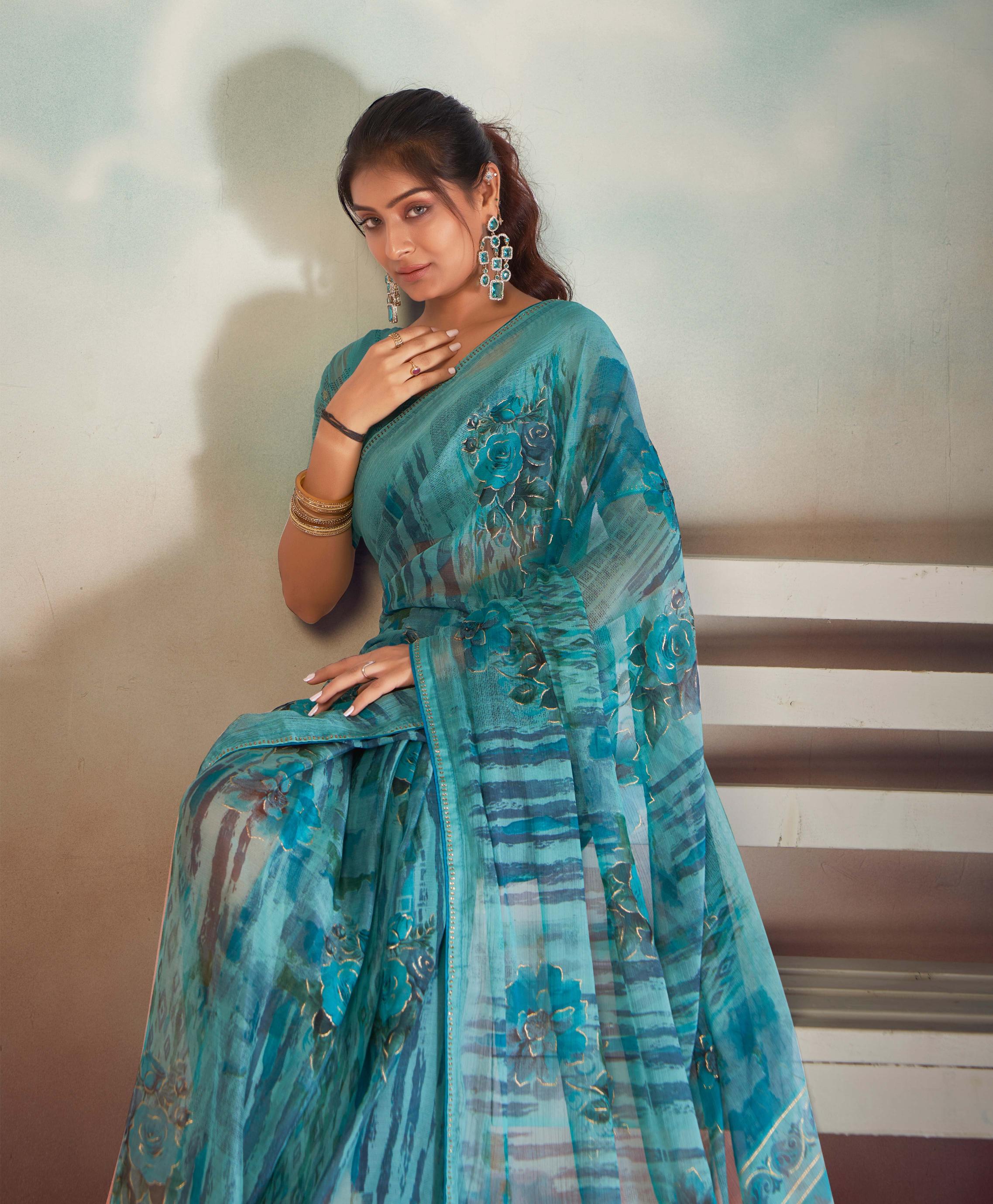 Sky Blue Chiffon Foil Print Saree