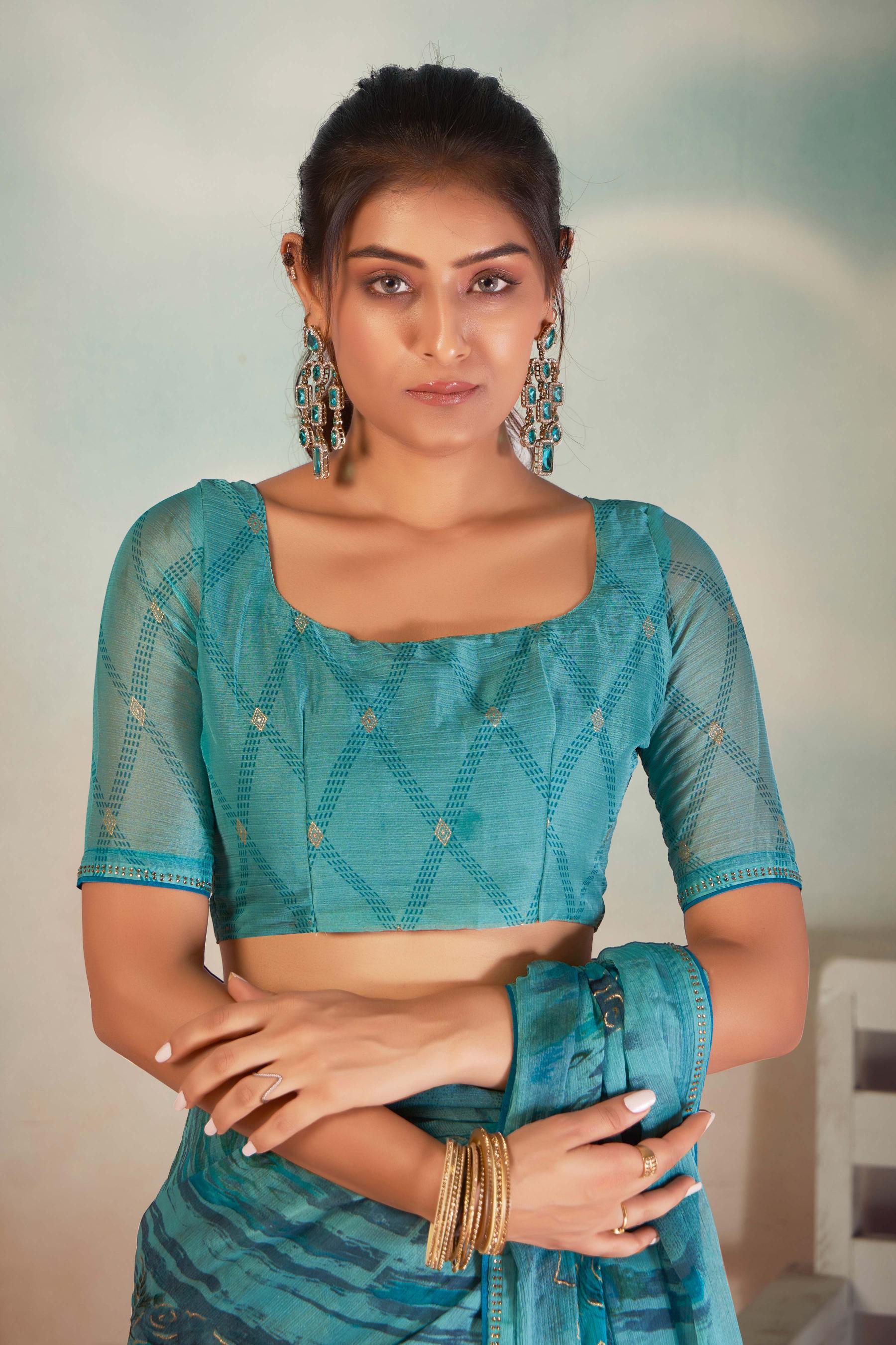 Sky Blue Chiffon Foil Print Saree