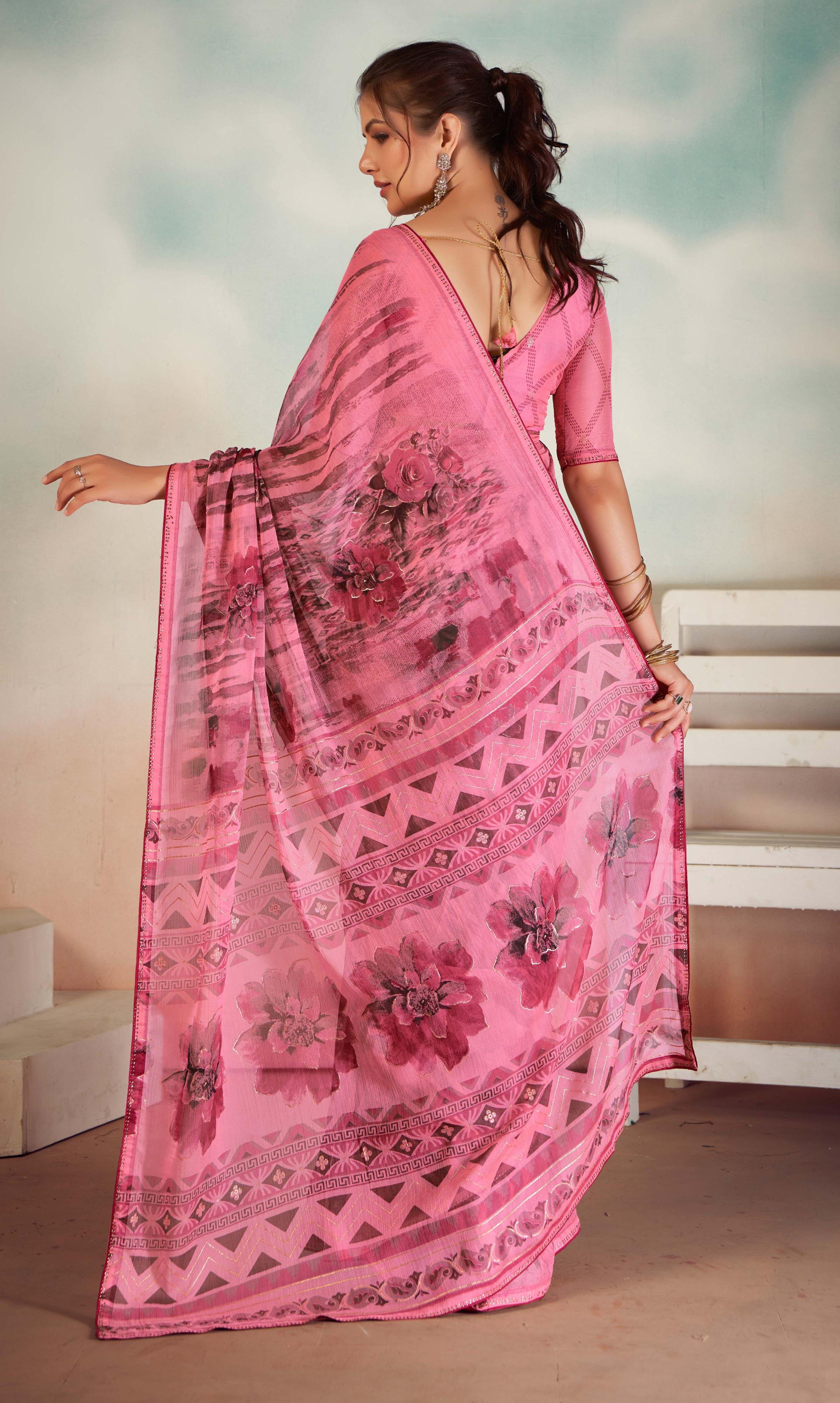 Pink Chiffon Foil Print Saree