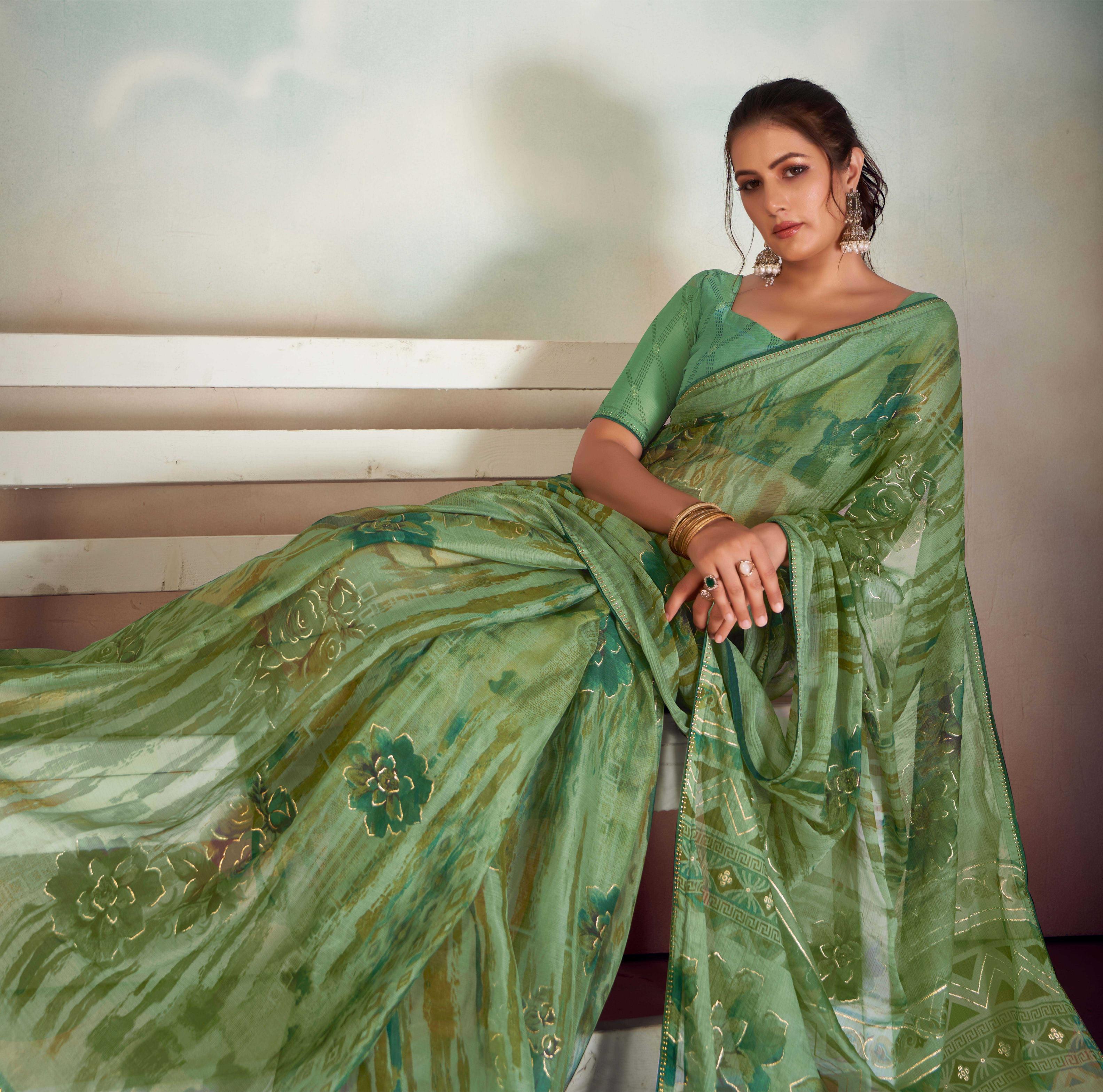 Green Chiffon Foil Print Saree