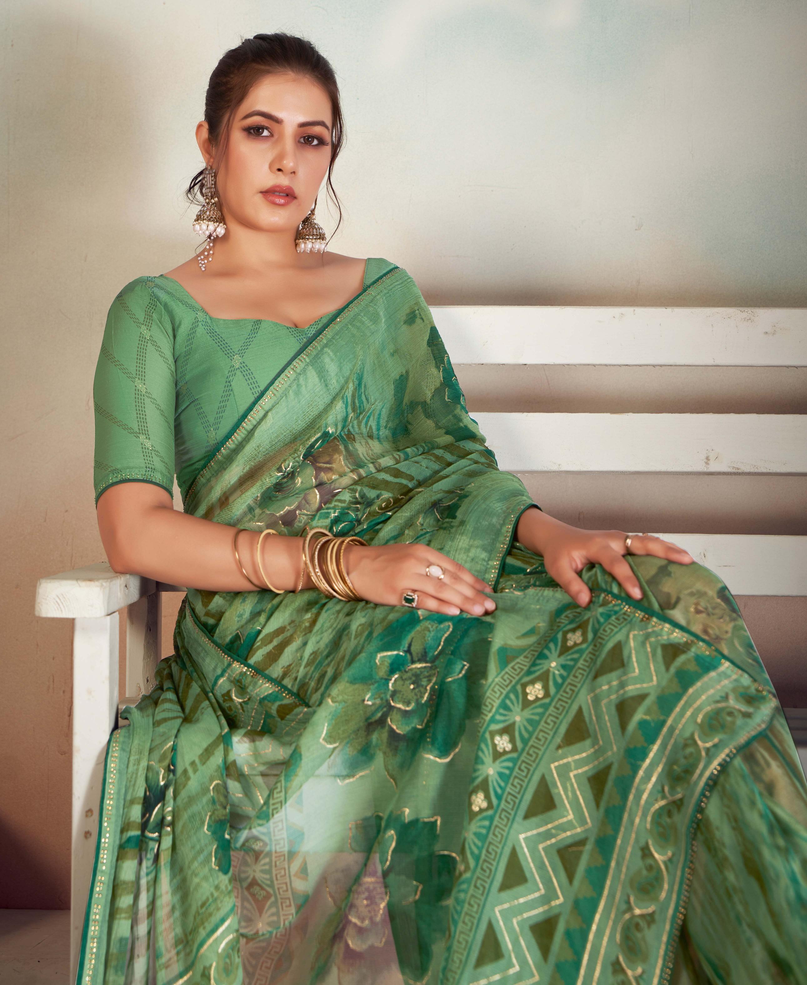 Green Chiffon Foil Print Saree
