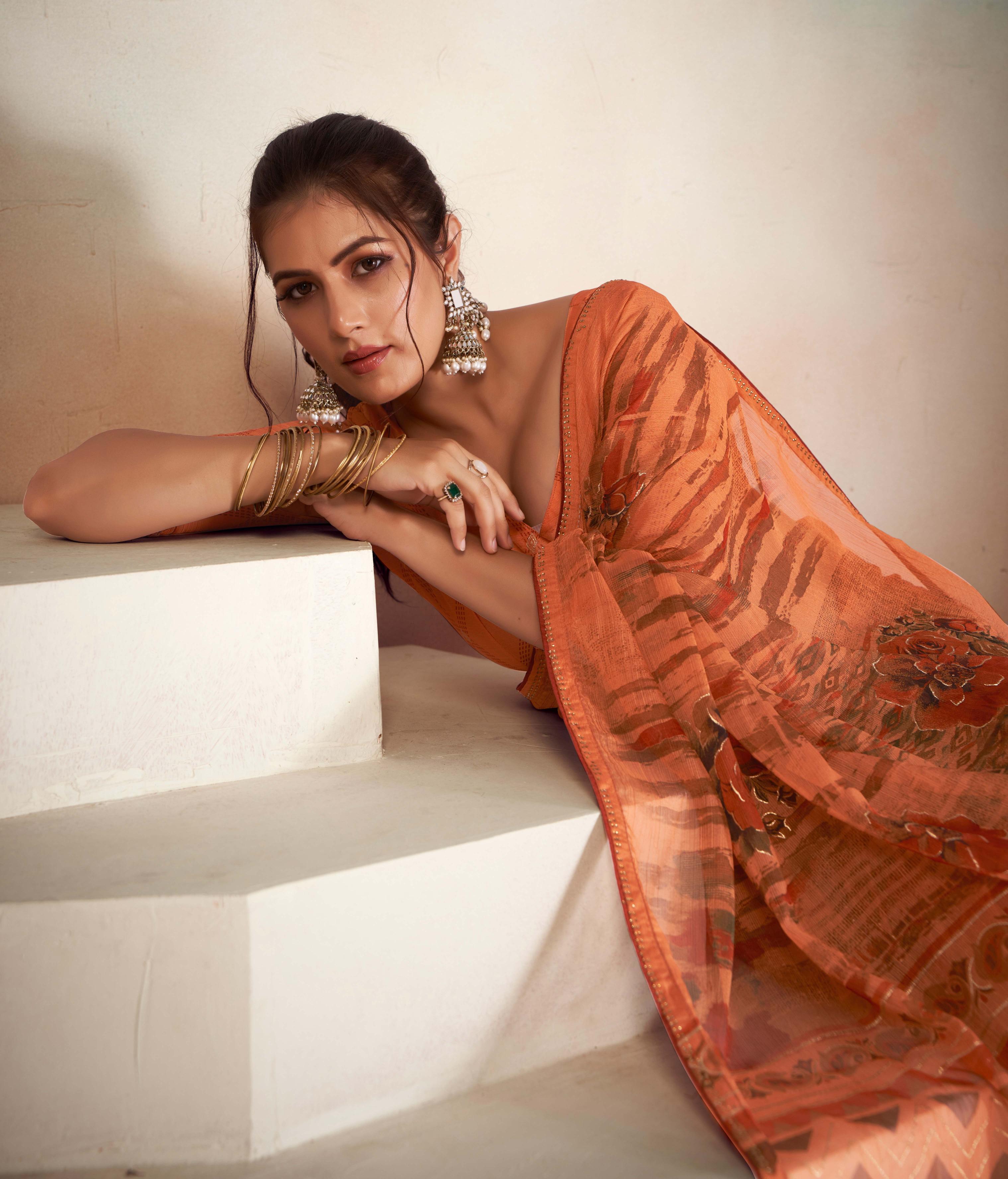 Rust Orange Chiffon Foil Print Saree