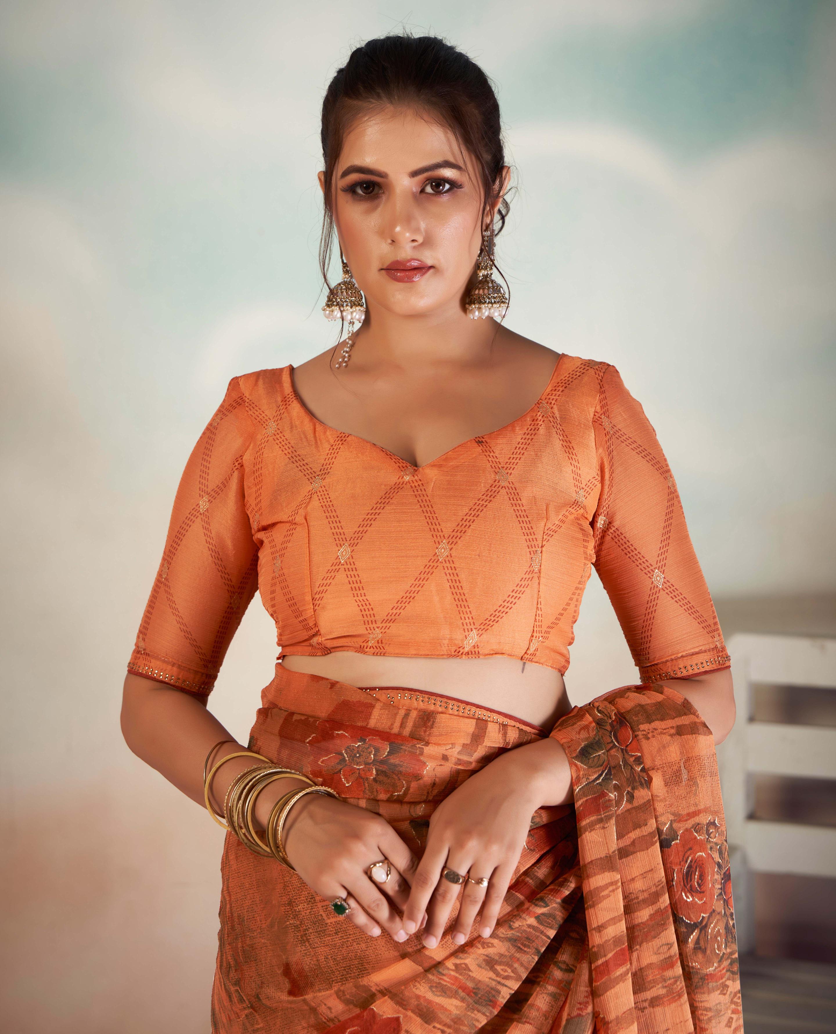 Rust Orange Chiffon Foil Print Saree
