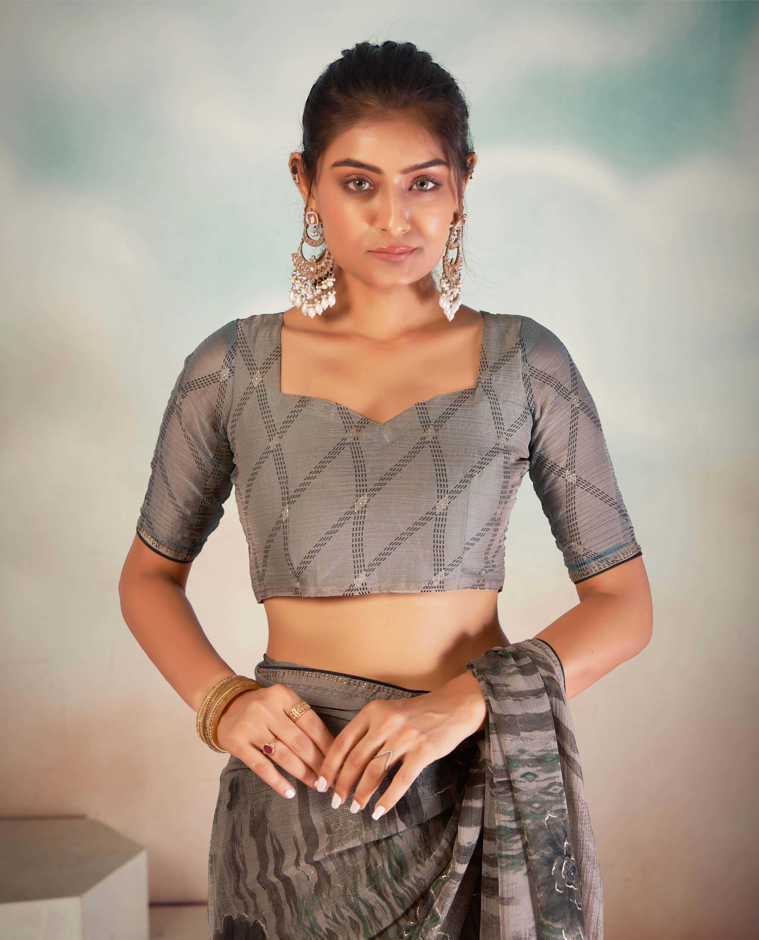 Grey Chiffon Foil Print Saree