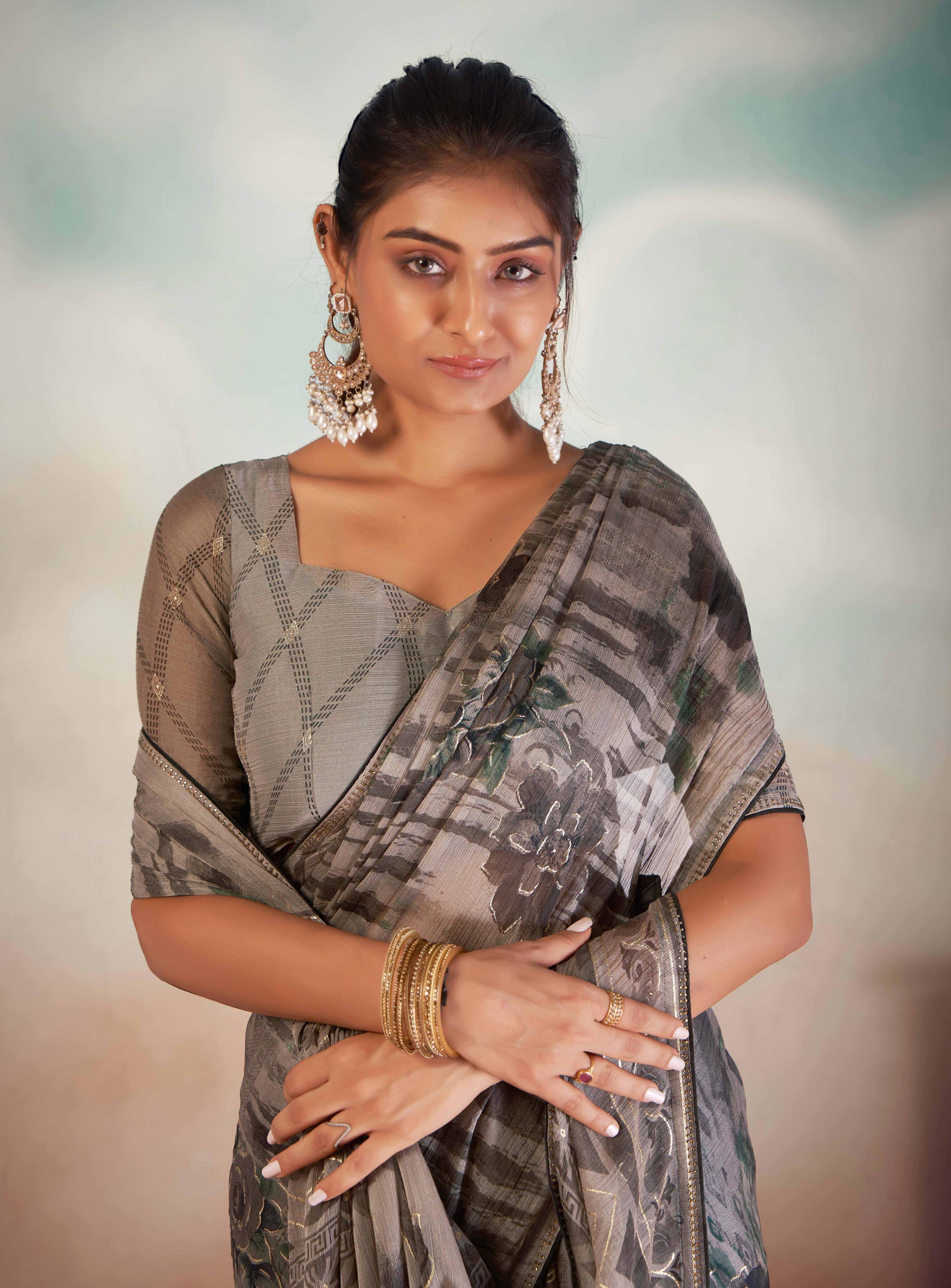 Grey Chiffon Foil Print Saree
