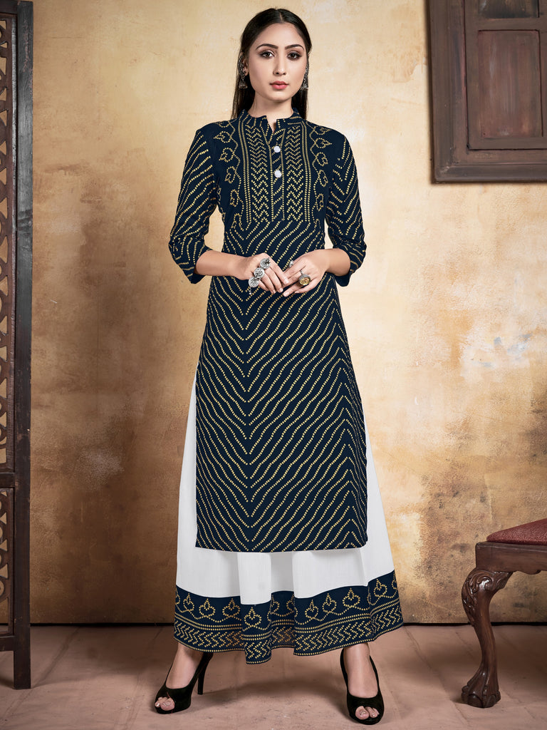 Beige Color Foil Printed Rayon Kurti With Palazzo For Women