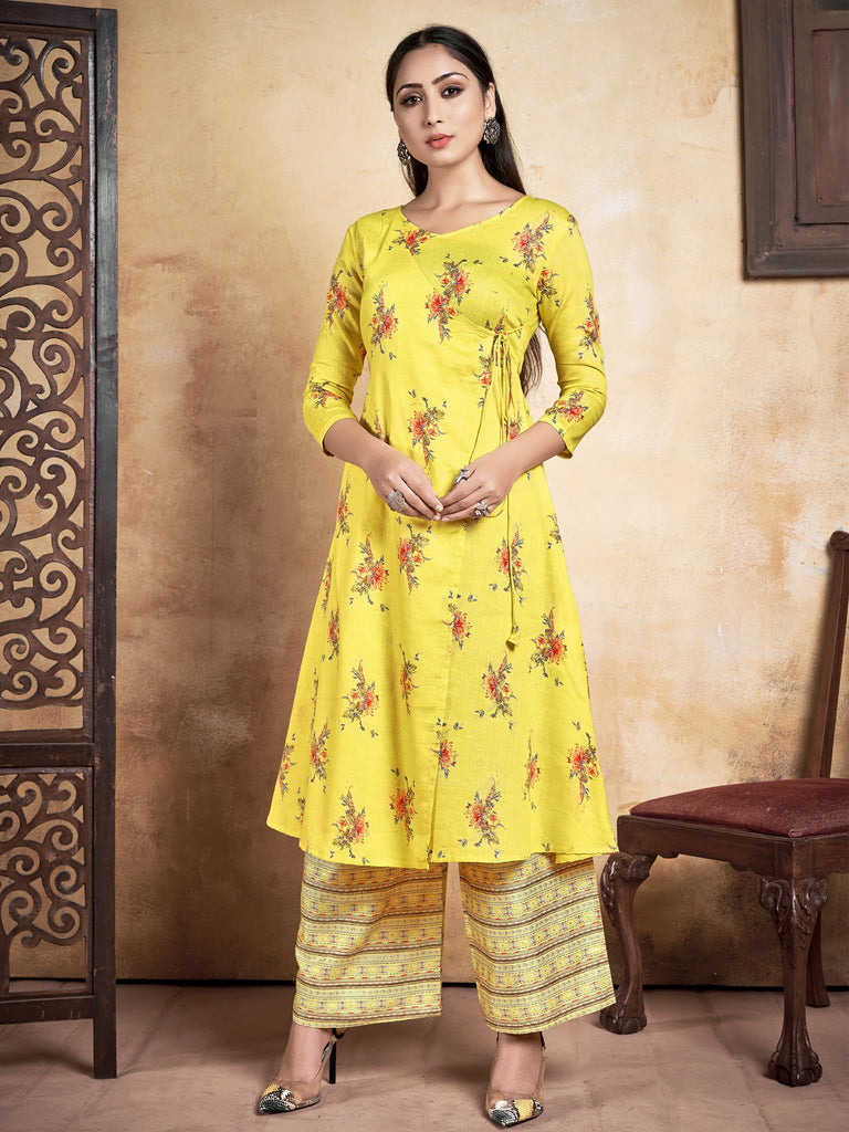 Beige Color Printed Rayon Kurti With Palazzo For Women