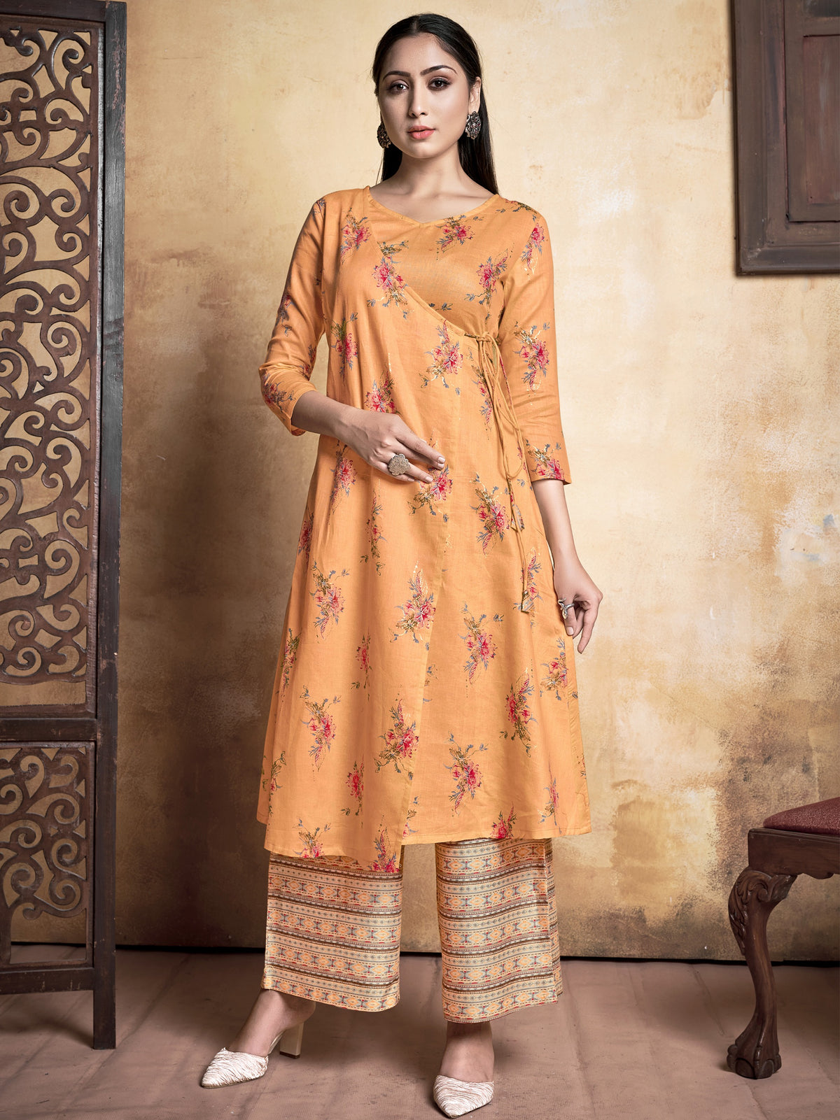 Orange Printed Rayon Kurti With Palazzo