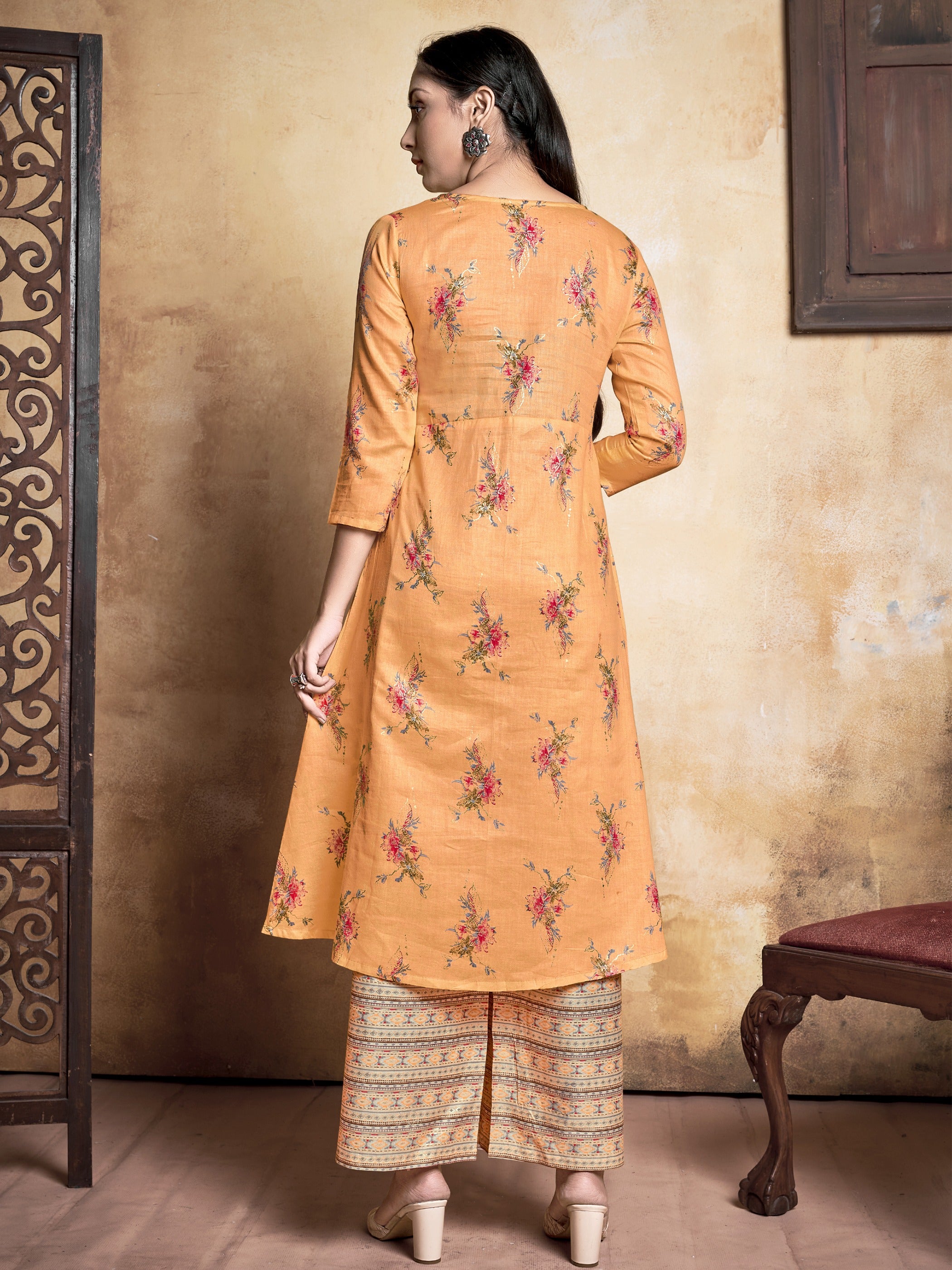 Beige Color Printed Rayon Kurti With Palazzo For Women