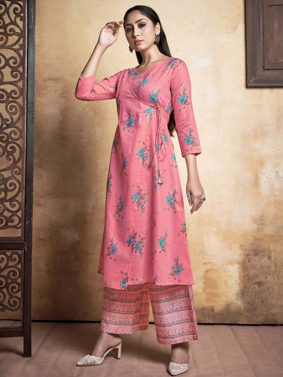 Pink Printed Rayon Kurti With Palazzo