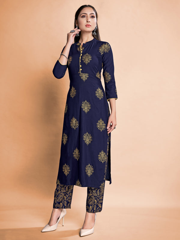 Navy Blue Rayon Readymade Foil Printed Kurti For Womens With Pant