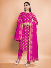 Pink Rayon Readymade Foil Printed Kurti For Womens With Bottom Dupatta