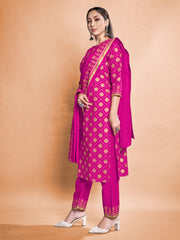 Pink Rayon Readymade Foil Printed Kurti For Womens With Bottom Dupatta