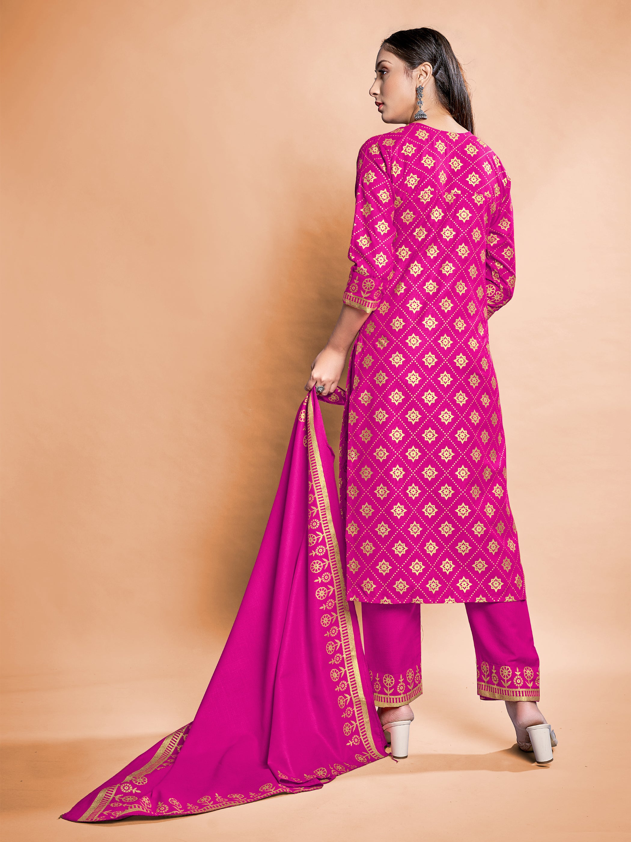 Pink Rayon Readymade Foil Printed Kurti For Womens With Bottom Dupatta