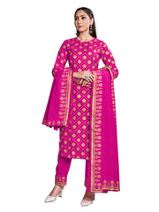 Pink Rayon Readymade Foil Printed Kurti For Womens With Bottom Dupatta