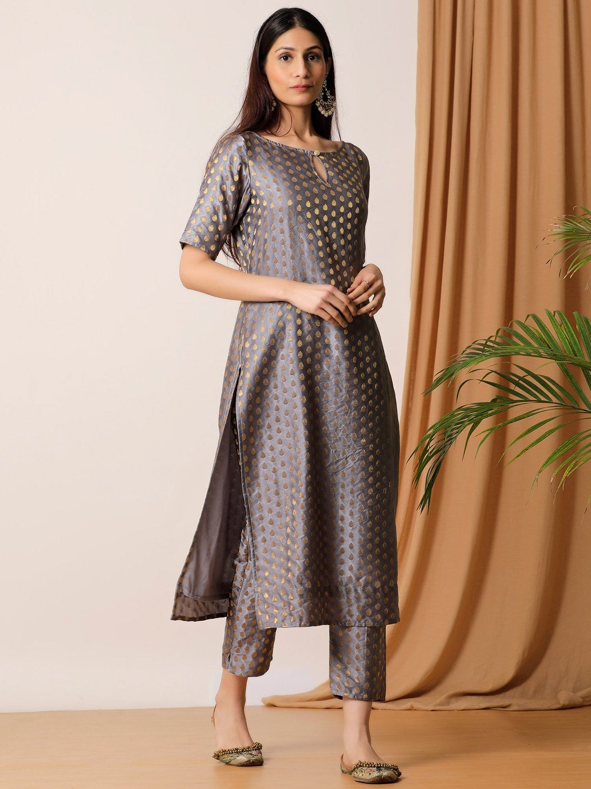 Navy Blue Color Woven Art Silk Kurti With Pant For Women