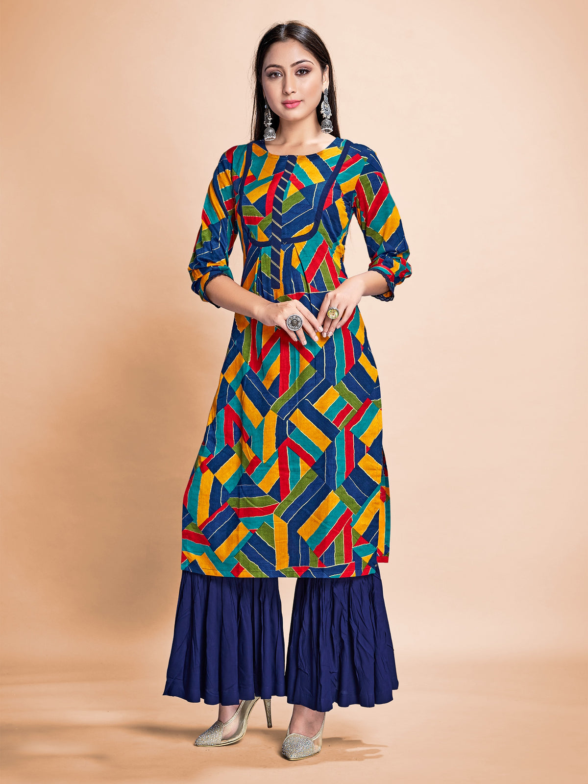 Green Color Printed Rayon Kurti With Palazzo For Women