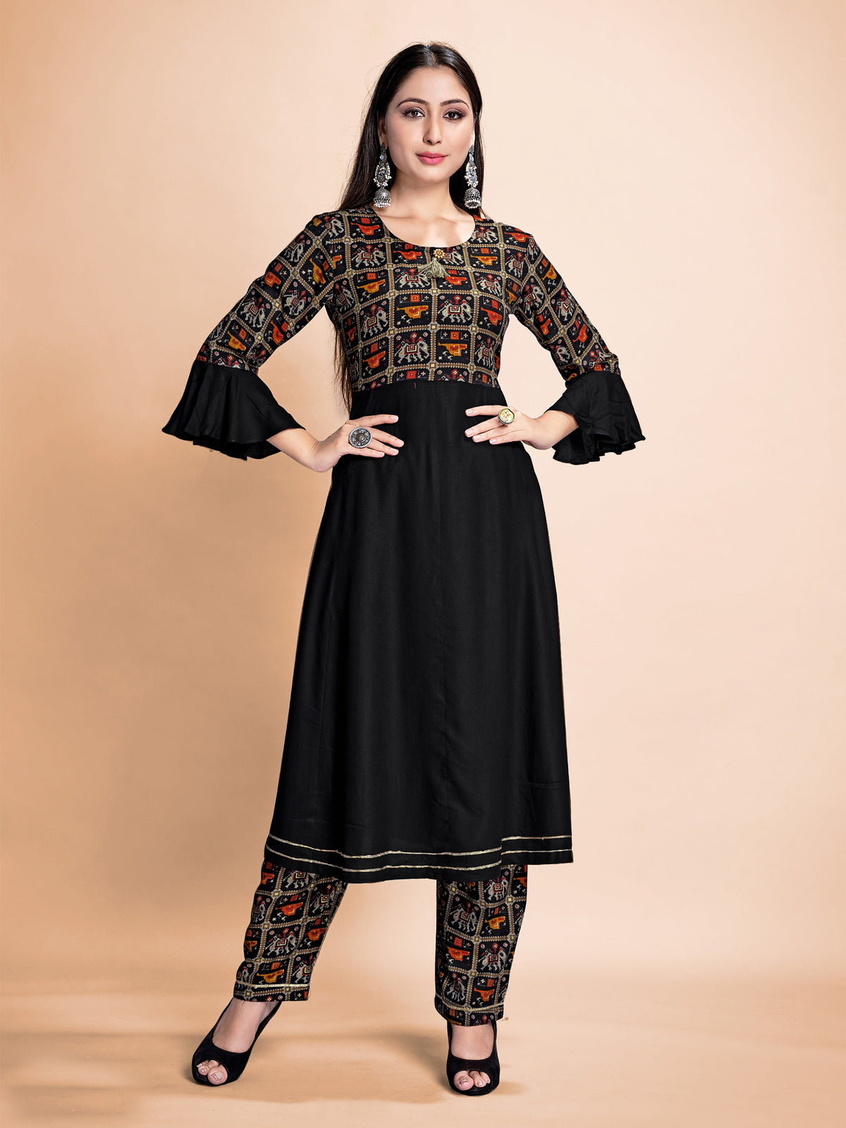 Black Color Printed Rayon Kurti With Pant For Women