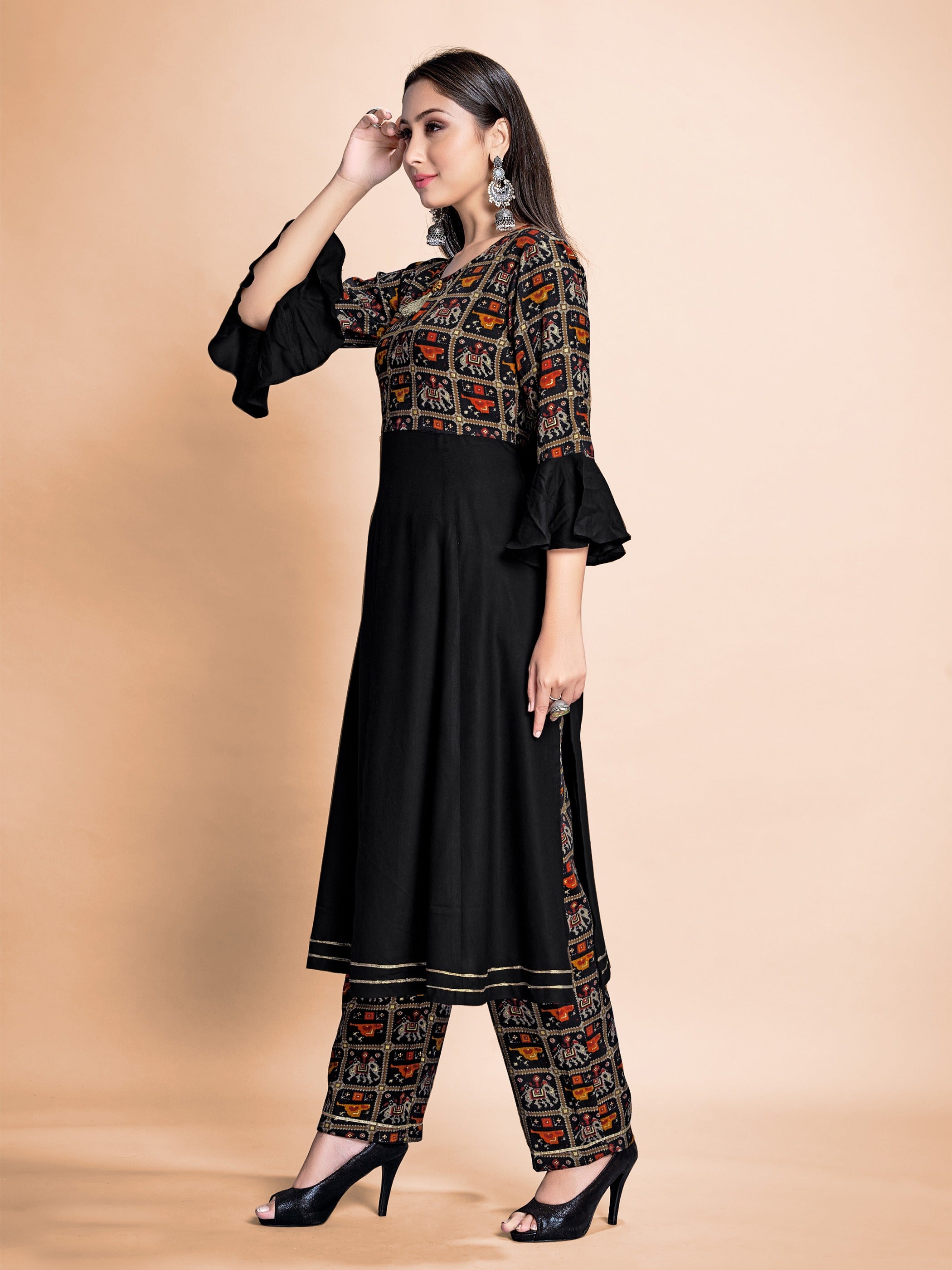 Black Color Printed Rayon Kurti With Pant For Women