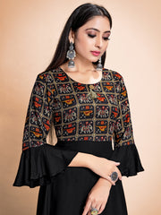 Black Color Printed Rayon Kurti With Pant For Women