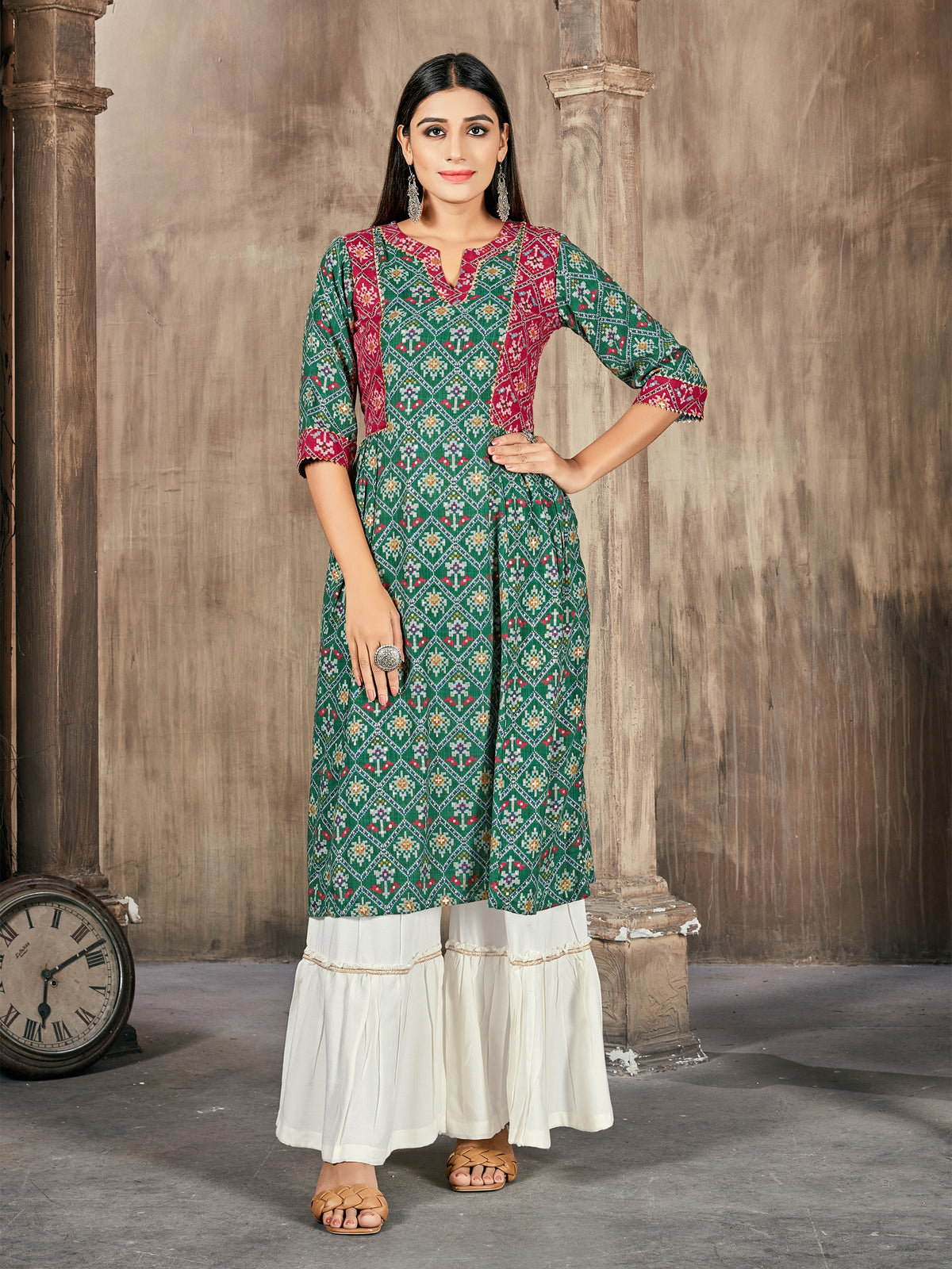 White Color Printed Rayon Kurti With Palazzo For Women