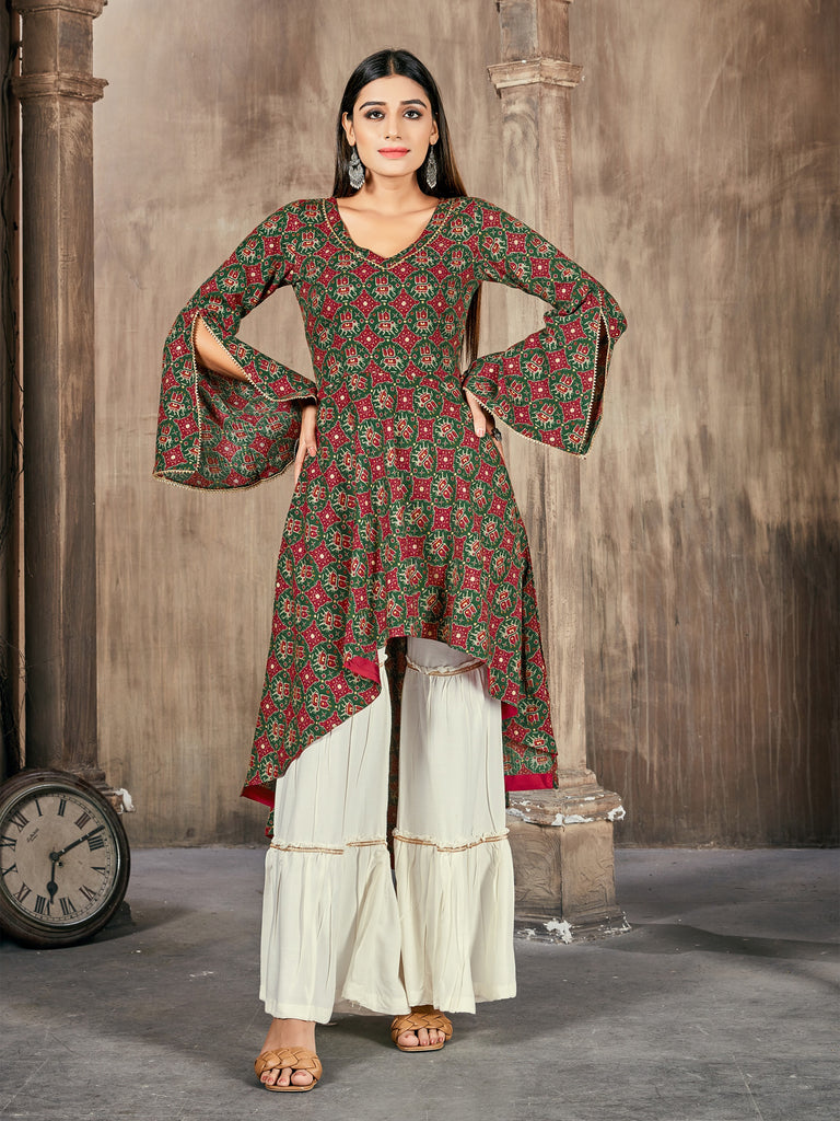 White Color Printed Rayon Kurti With Palazzo For Women