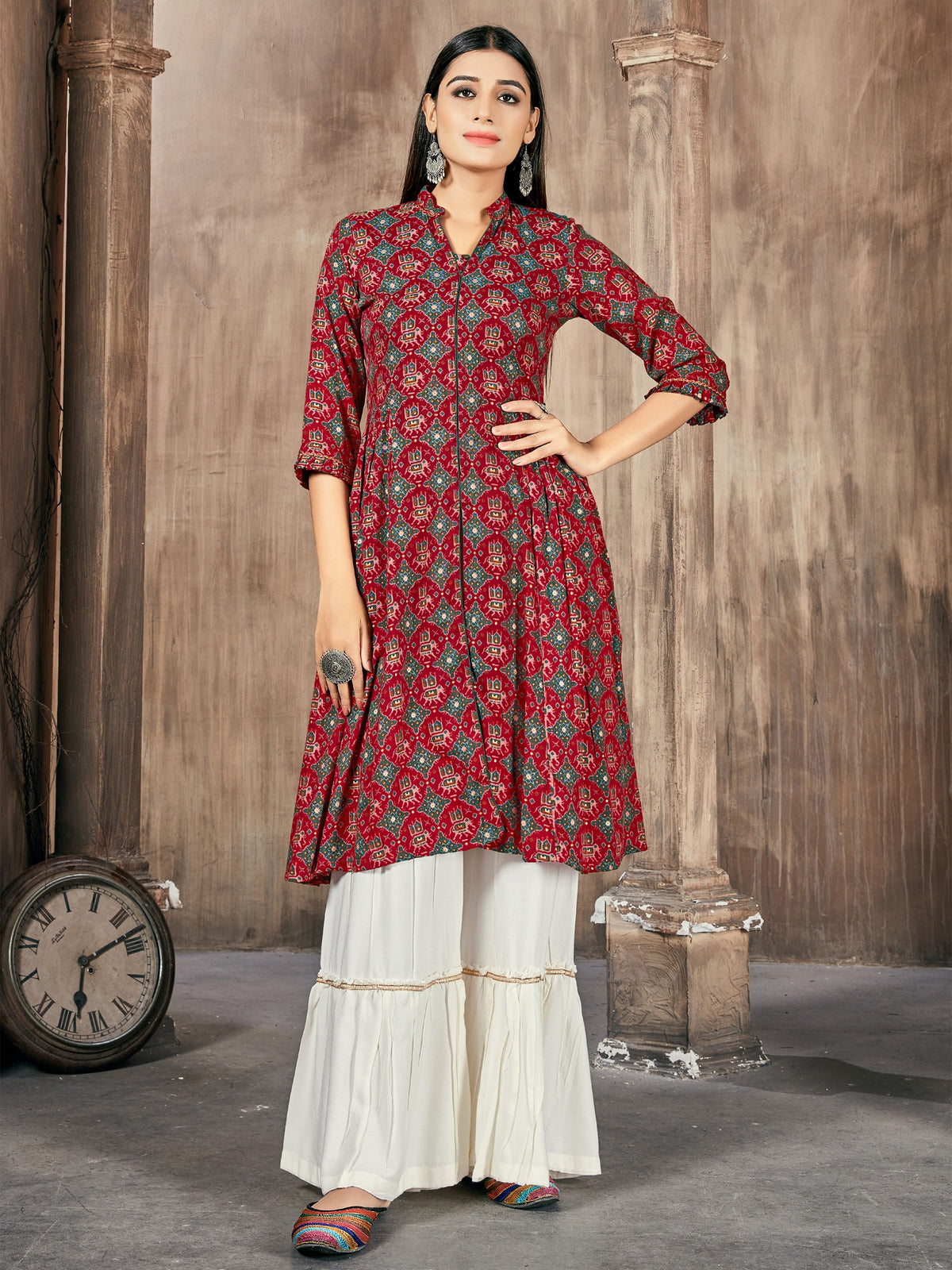 White Color Printed Rayon Kurti With Palazzo For Women