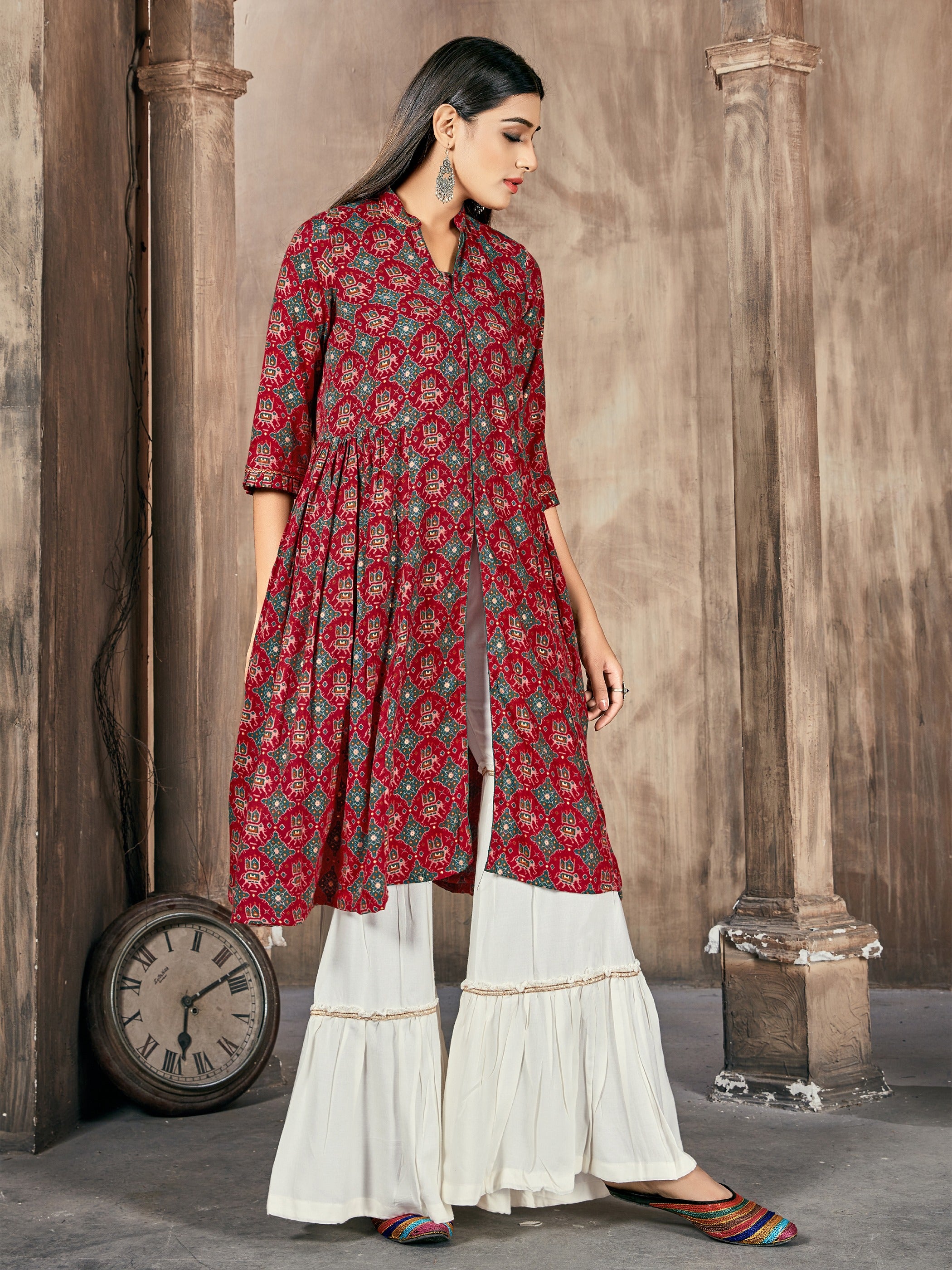 Red Printed Rayon Kurti With Palazzo