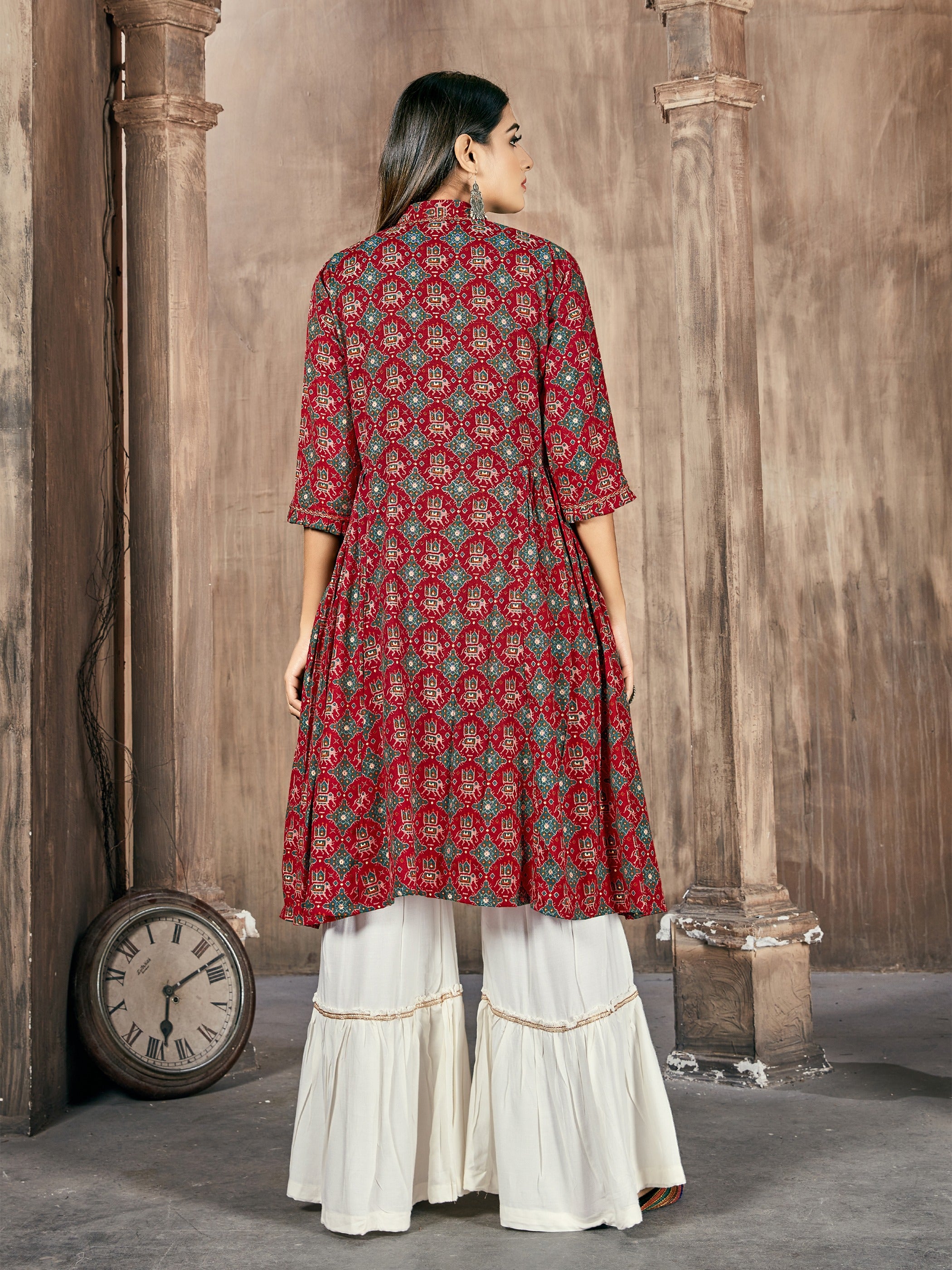 Red Printed Rayon Kurti With Palazzo