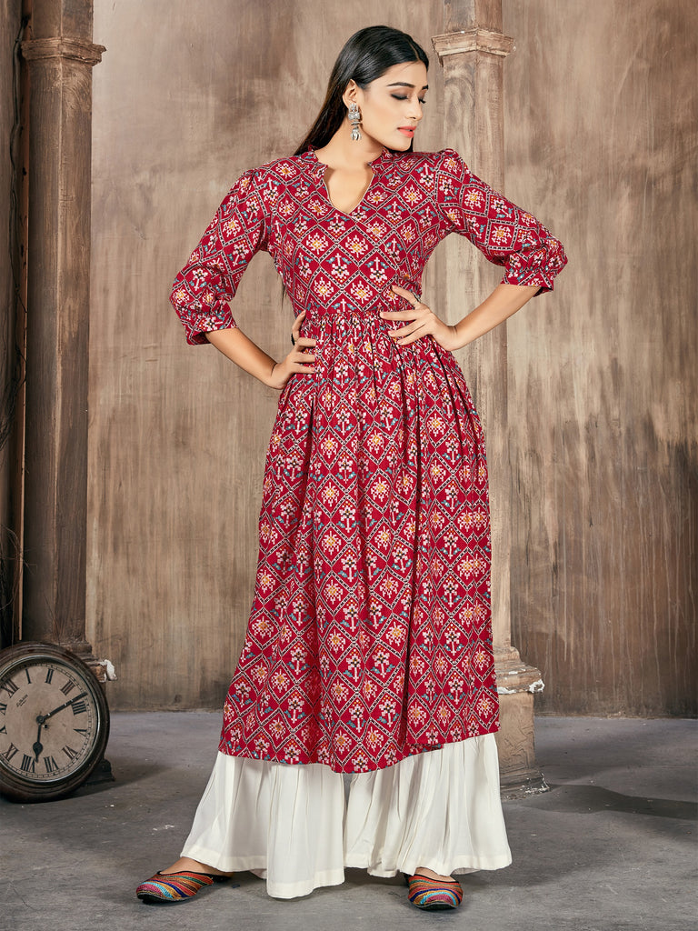 White Color Printed Rayon Kurti With Palazzo For Women