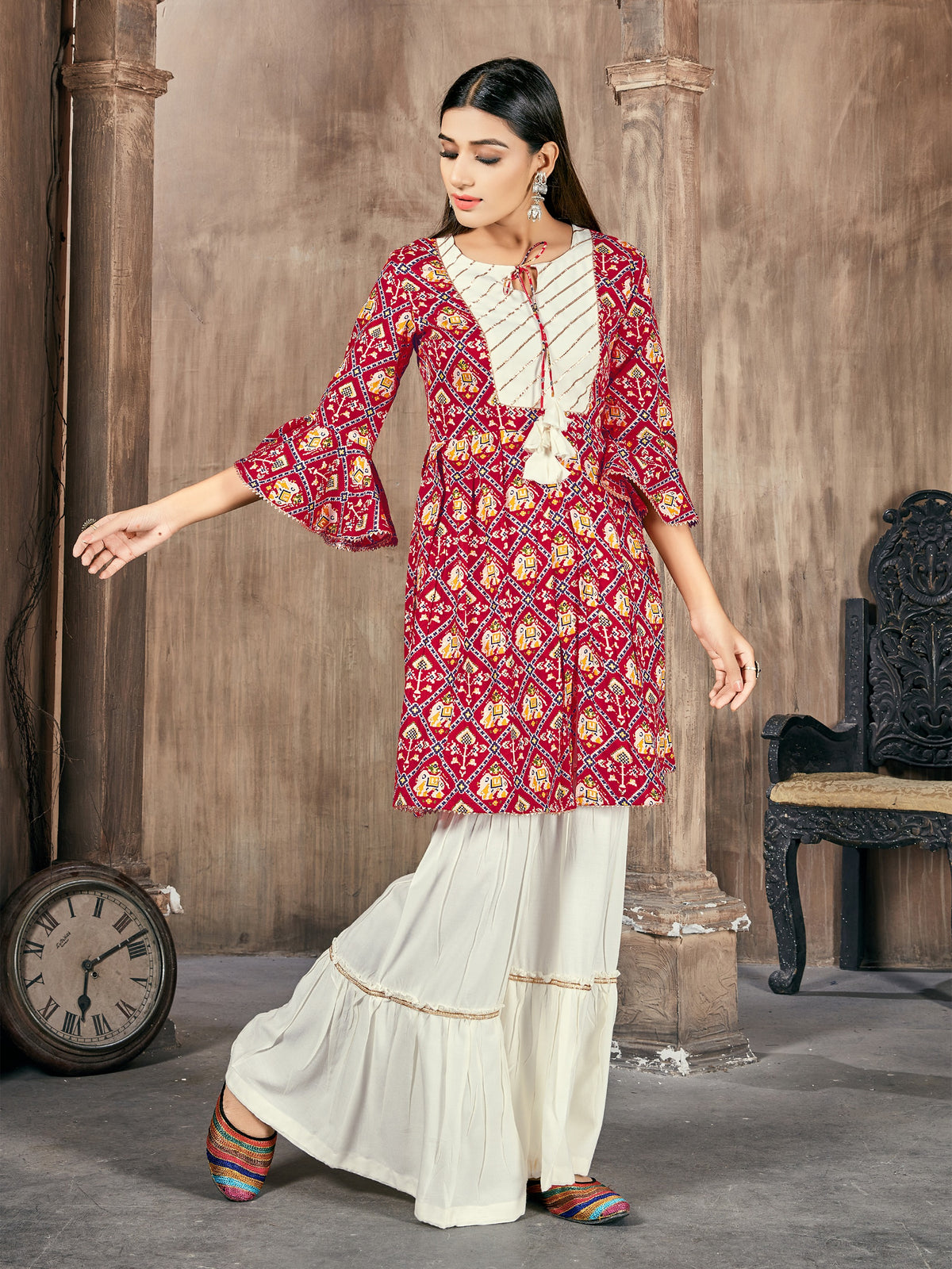 Red Color Printed Rayon Kurti With Palazzo For Women