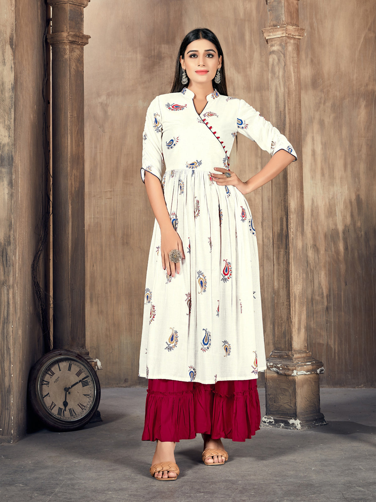 Yellow Color Printed Rayon Kurti With Palazzo For Women