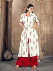 Red Color Printed Rayon Kurti With Palazzo For Women