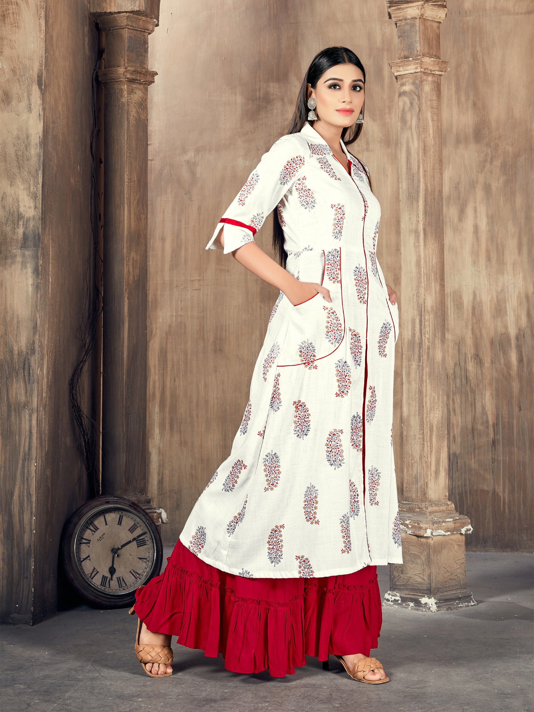 Red Color Printed Rayon Kurti With Palazzo For Women