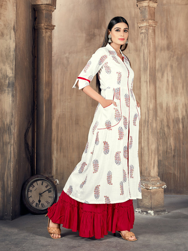 Red Color Printed Rayon Kurti With Palazzo For Women