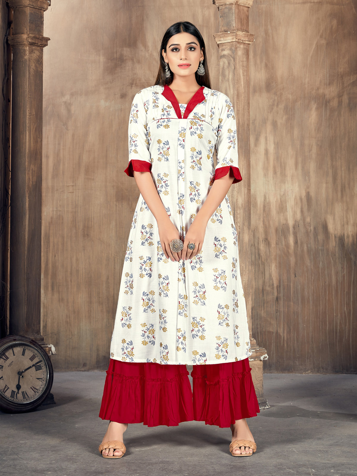 Green Color Printed Rayon Kurti With Palazzo For Women