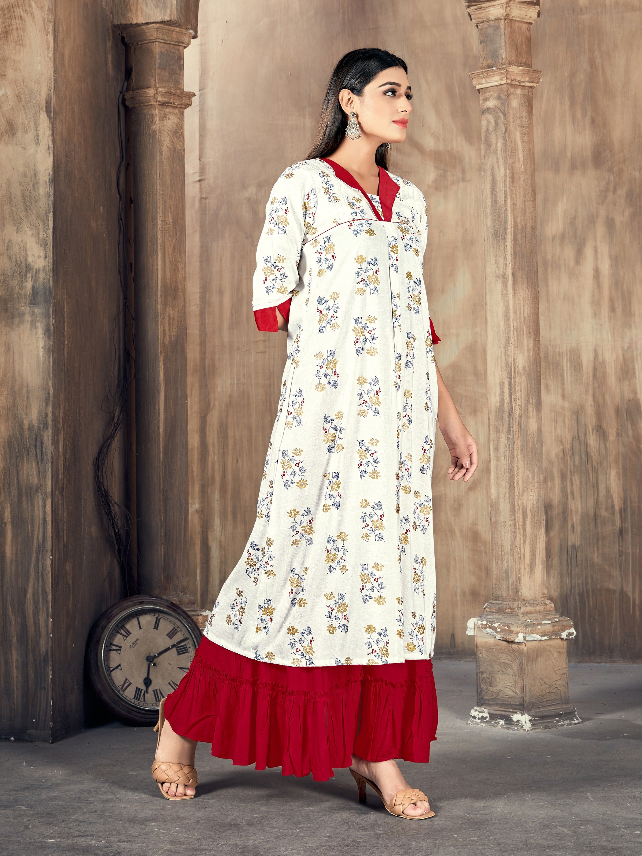 Green Color Printed Rayon Kurti With Palazzo For Women