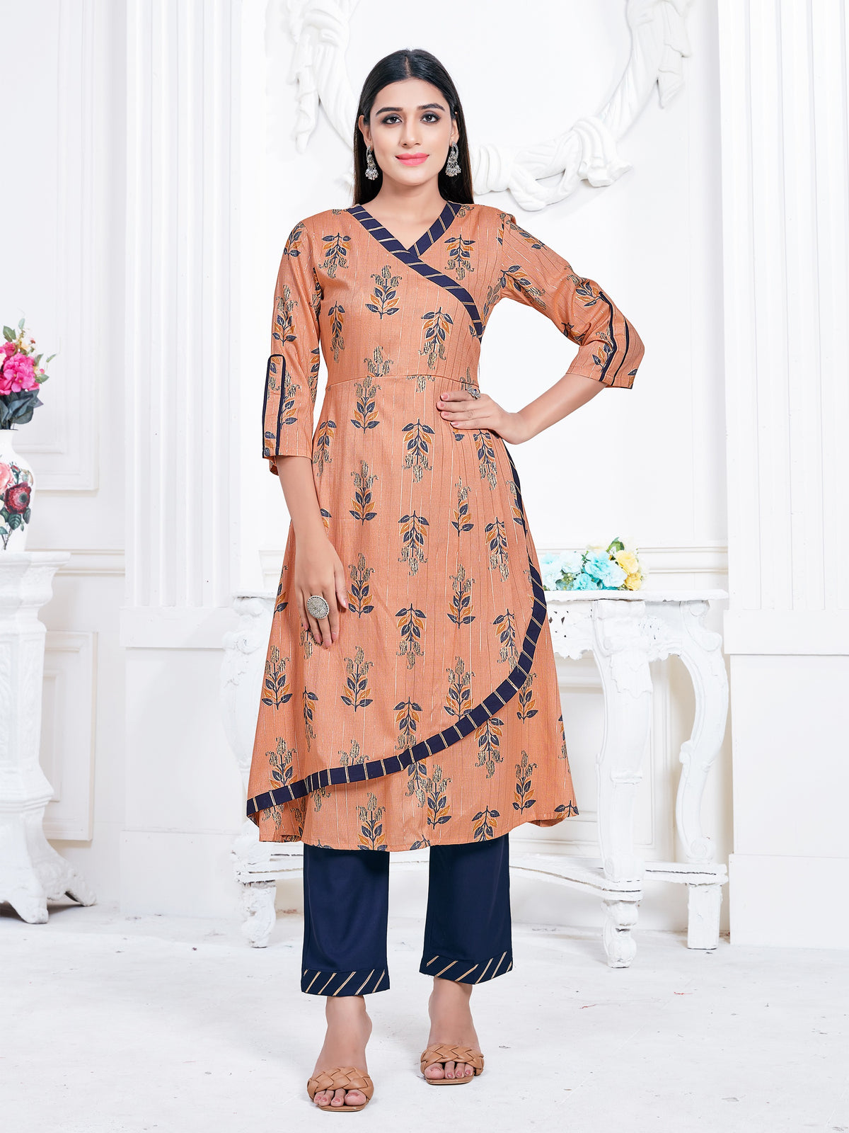 Mustard Color Printed Rayon Kurti With Pant For Women