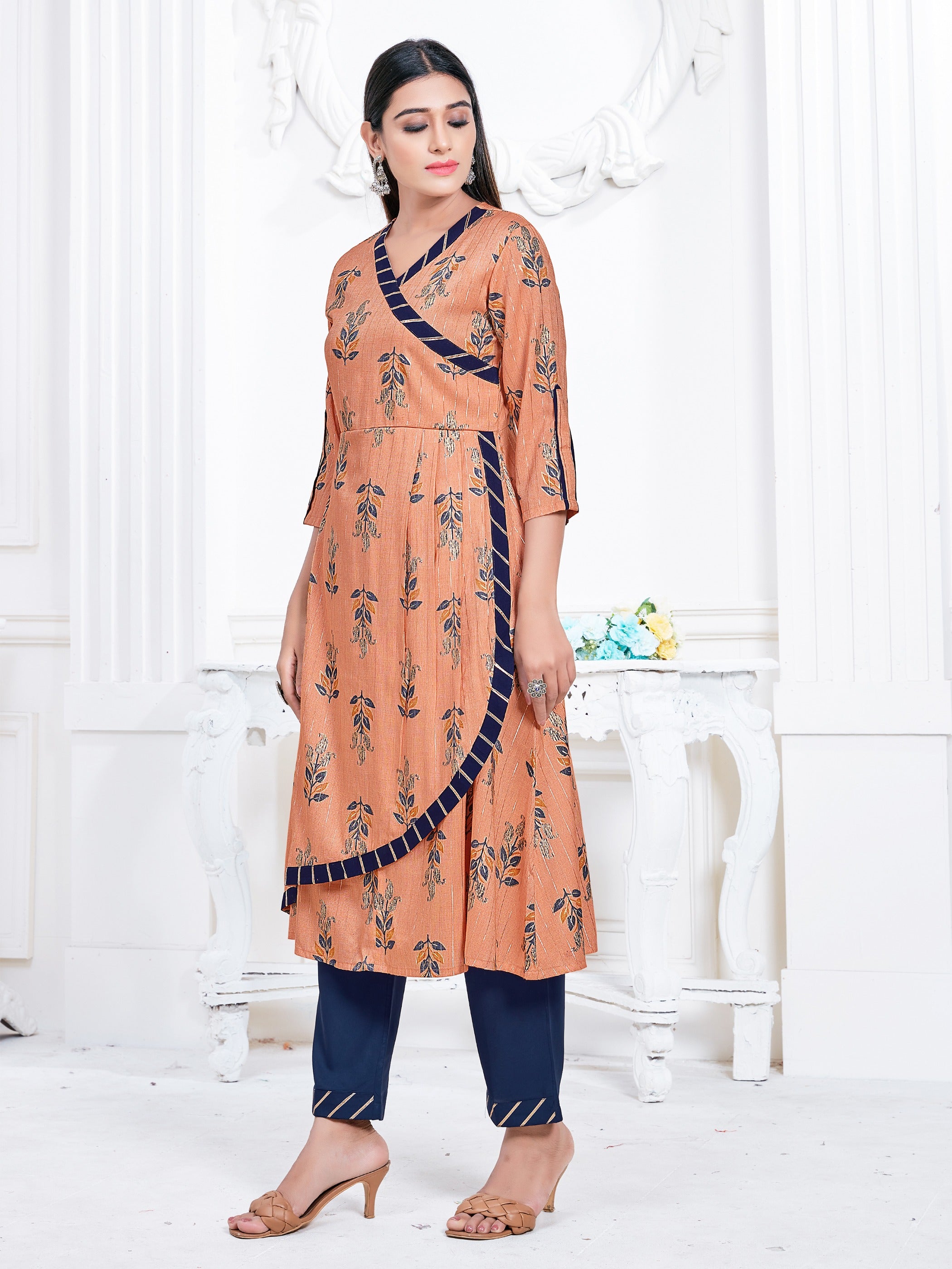 Mustard Color Printed Rayon Kurti With Pant For Women