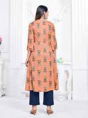 Mustard Color Printed Rayon Kurti With Pant For Women