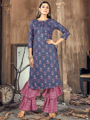 Blue Printed Rayon Kurti With Palazzo