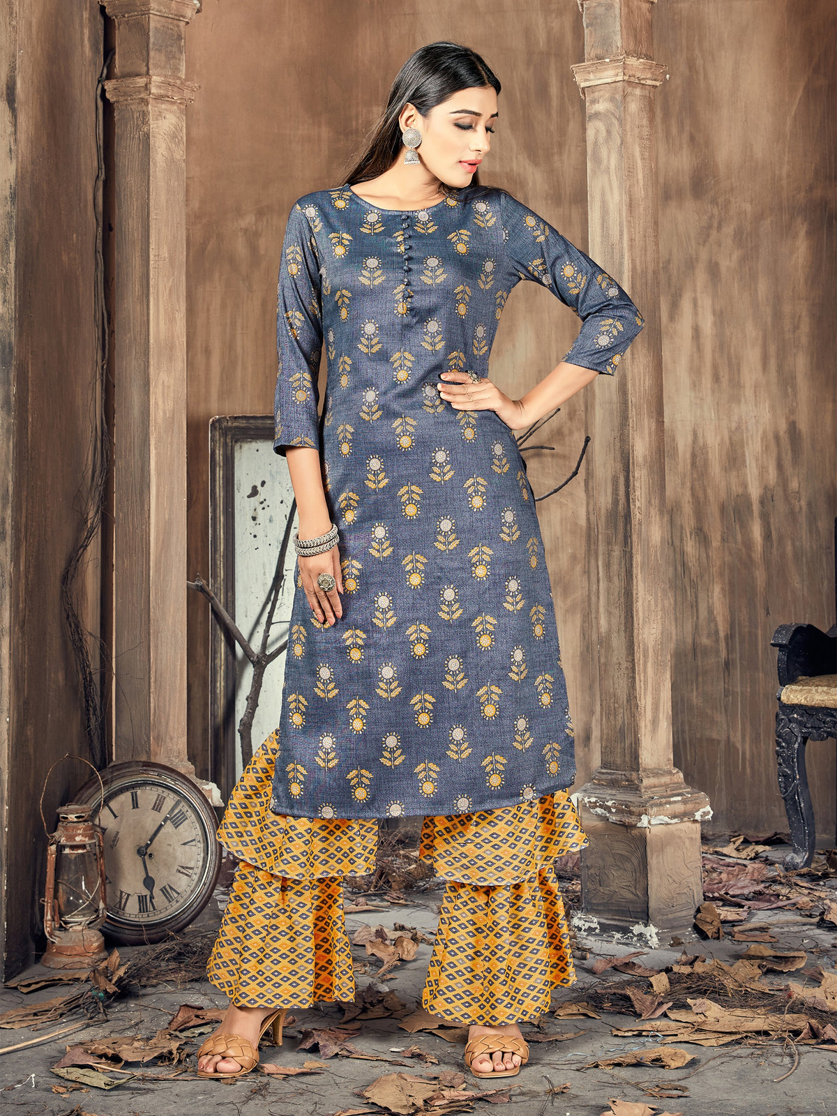 Green Color Printed Rayon Kurti With Palazzo For Women