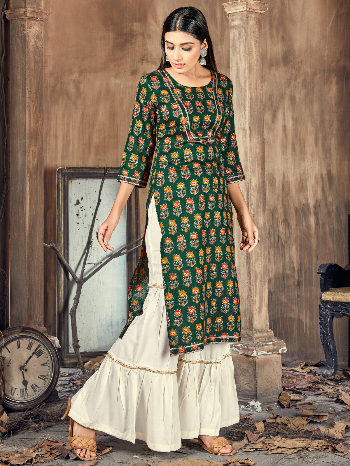 Green Color Printed Rayon Kurti With Palazzo For Women