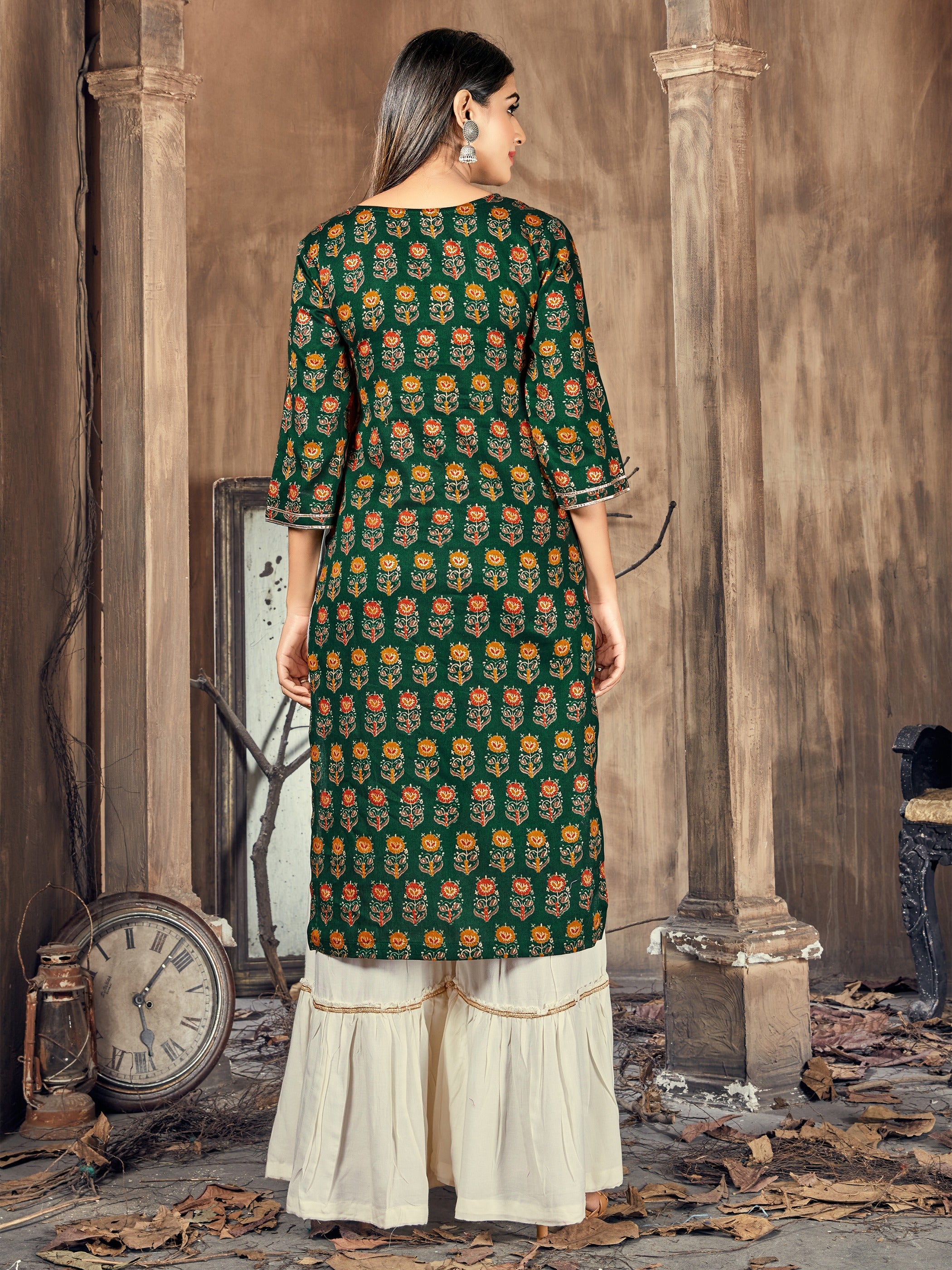 Green Color Printed Rayon Kurti With Palazzo For Women