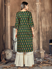 Green Color Printed Rayon Kurti With Palazzo For Women