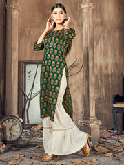 Green Color Printed Rayon Kurti With Palazzo For Women