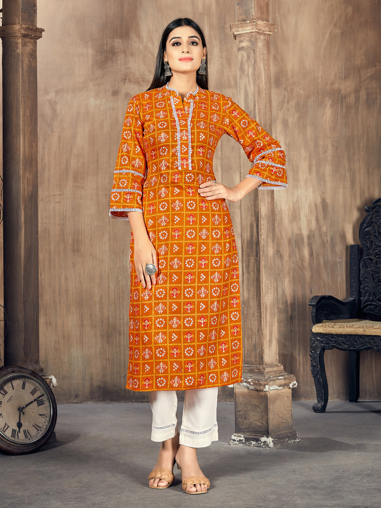 Green Color Printed Rayon Kurti With Pant For Women