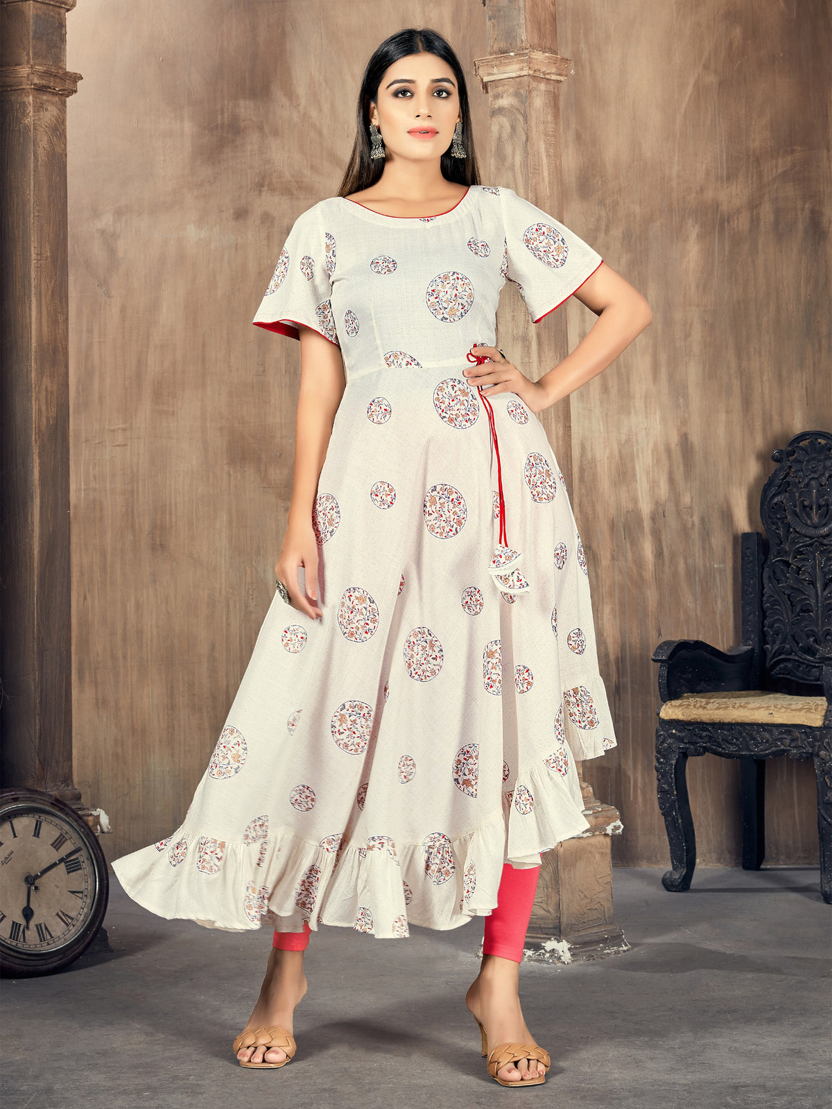 White Color Printed Rayon Kurti With Leggings For Women