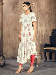 White Color Printed Rayon Kurti With Leggings For Women